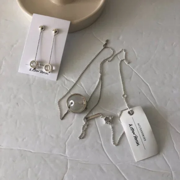 & OTHER STORIES Set of ORB PENDANT EARRINGS SILVER & Clear and Matched Necklace - Picture 6 of 10